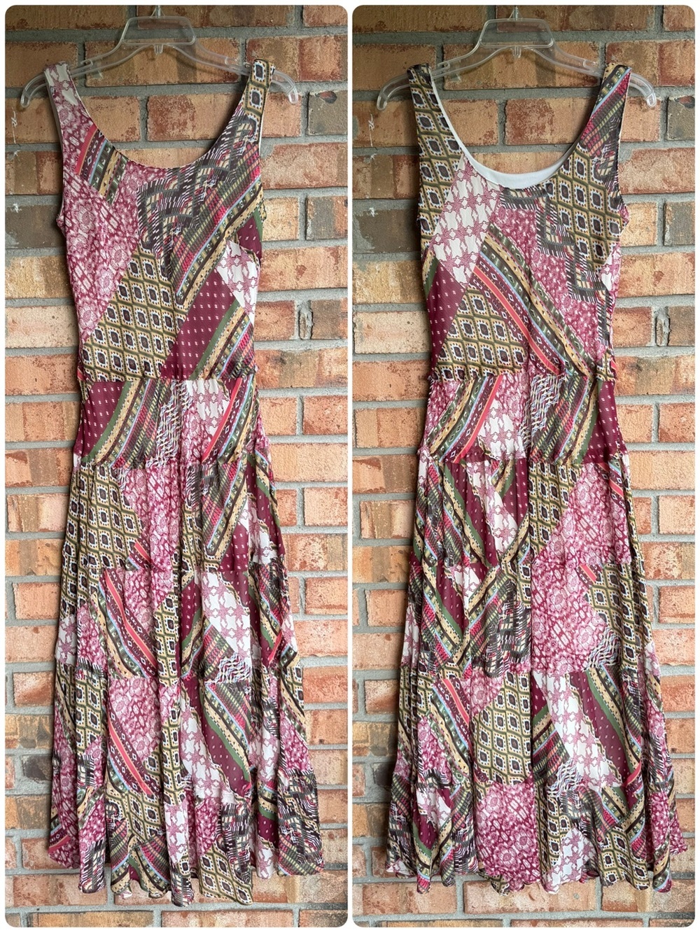 Jones Studio Sleeveless Pink Multicolor Boho Patchwork Pattern Maxi Dress Tiered